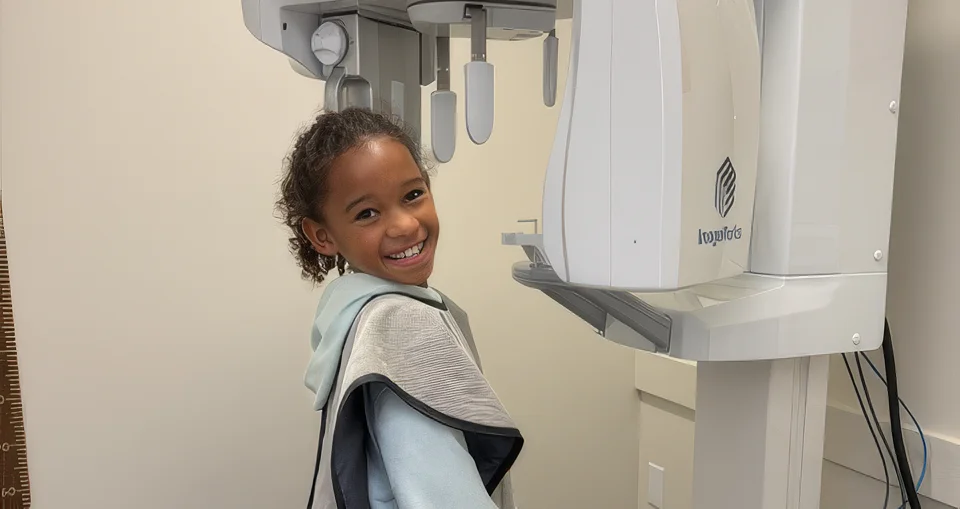 Young patient smiling next to the panoramic X-ray unit at Pleasant Valley Pediatric Dentistry